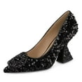 thumbnail image 2 of YDN Women Rhinestone Studded Buckle Pumps Slip On Crystal Chunky High Heels Closed Pointed Toe Office Shoes Size 7 Black Paillette, 2 of 4