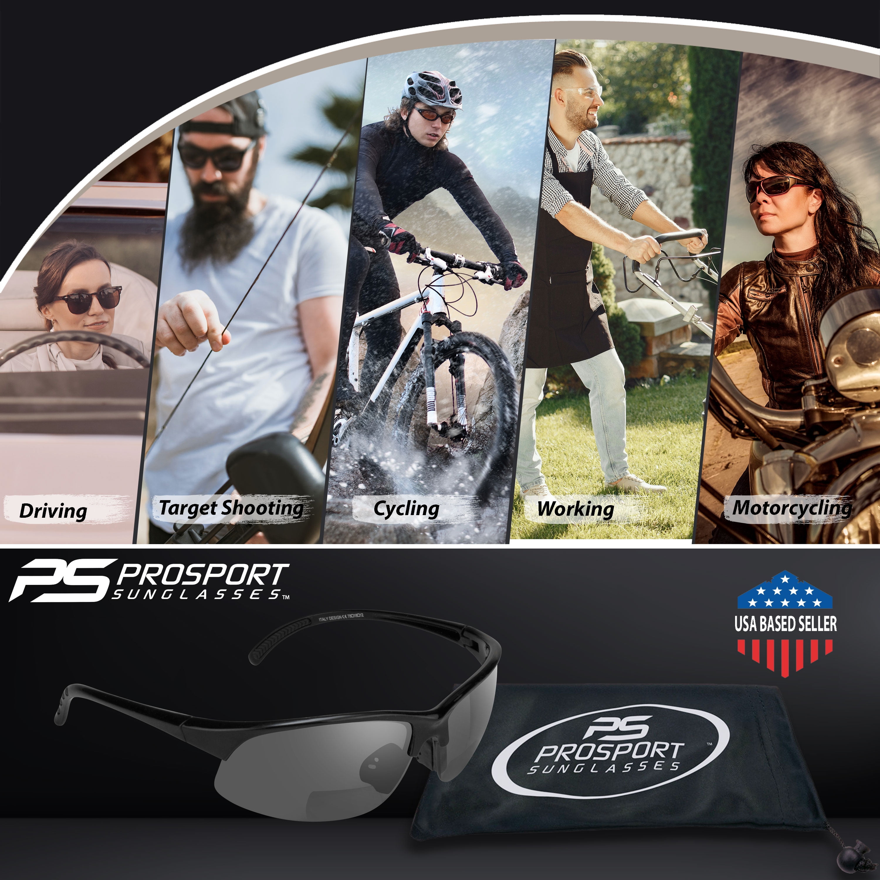 proSPORT Sunglasses 2 Pairs 2.00 Bifocal Reader Sunglasses Dark Gray Smoke & Optic Yellow Lens Sport Wrap Polycarbonate Golf Cycling Driving Running Tennis Motorcycle Men Women
