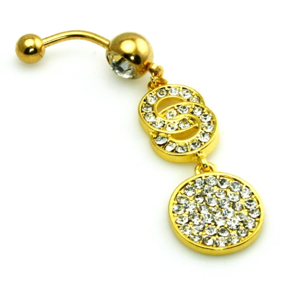 14g (1.6mm) Gold Plated Stainless Steel Cubic Zirconia Chandelier Circles Dangle Belly Ring Navel Piercing Body Jewelry