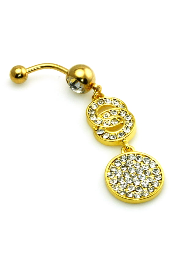 14g (1.6mm) Gold Plated Stainless Steel Cubic Zirconia Chandelier Circles Dangle Belly Ring Navel Piercing Body Jewelry