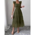 thumbnail image 4 of Army Green Womens Square Neck Ruffle Sleeve Tiered Tulle Midi Dress For Party Wedding Guest, 4 of 6