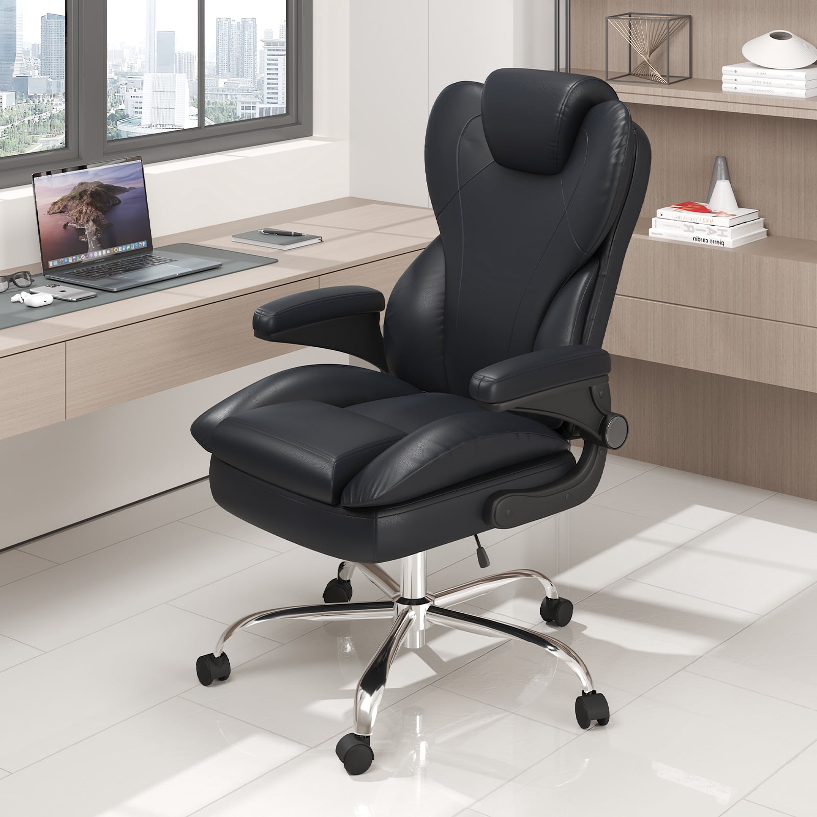 E-motie Home Office Chair with Flip-up Arms, Adjustable High Back Chair, Quiet Nylon Wheels, Black