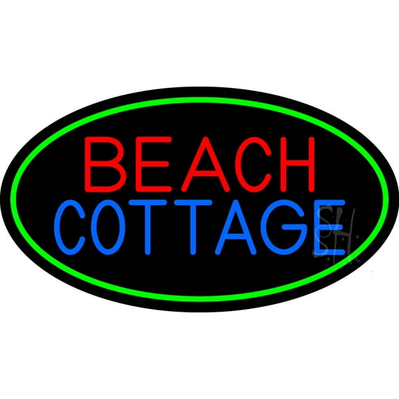 Beach Cottage With Green Border LED Neon Sign 13 x 24 - inches, Black Square Cut Acrylic Backing, with Dimmer - Bright and Premium built indoor LED Neon Sign for Defence Force.