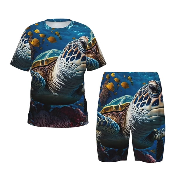 Balery Ocean Coral Turtle Conjunto de Pijama Infantil de Manga Corta con Estampado – Ropa de Dormir de Algodón Suave-Small