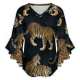 thumbnail image 5 of Dark Background Tiger Print Fabric Women's V-Neck Blouse With 3/4 Ruffled Bell Sleeves Casual Top Ladies Blouses, 5 of 7