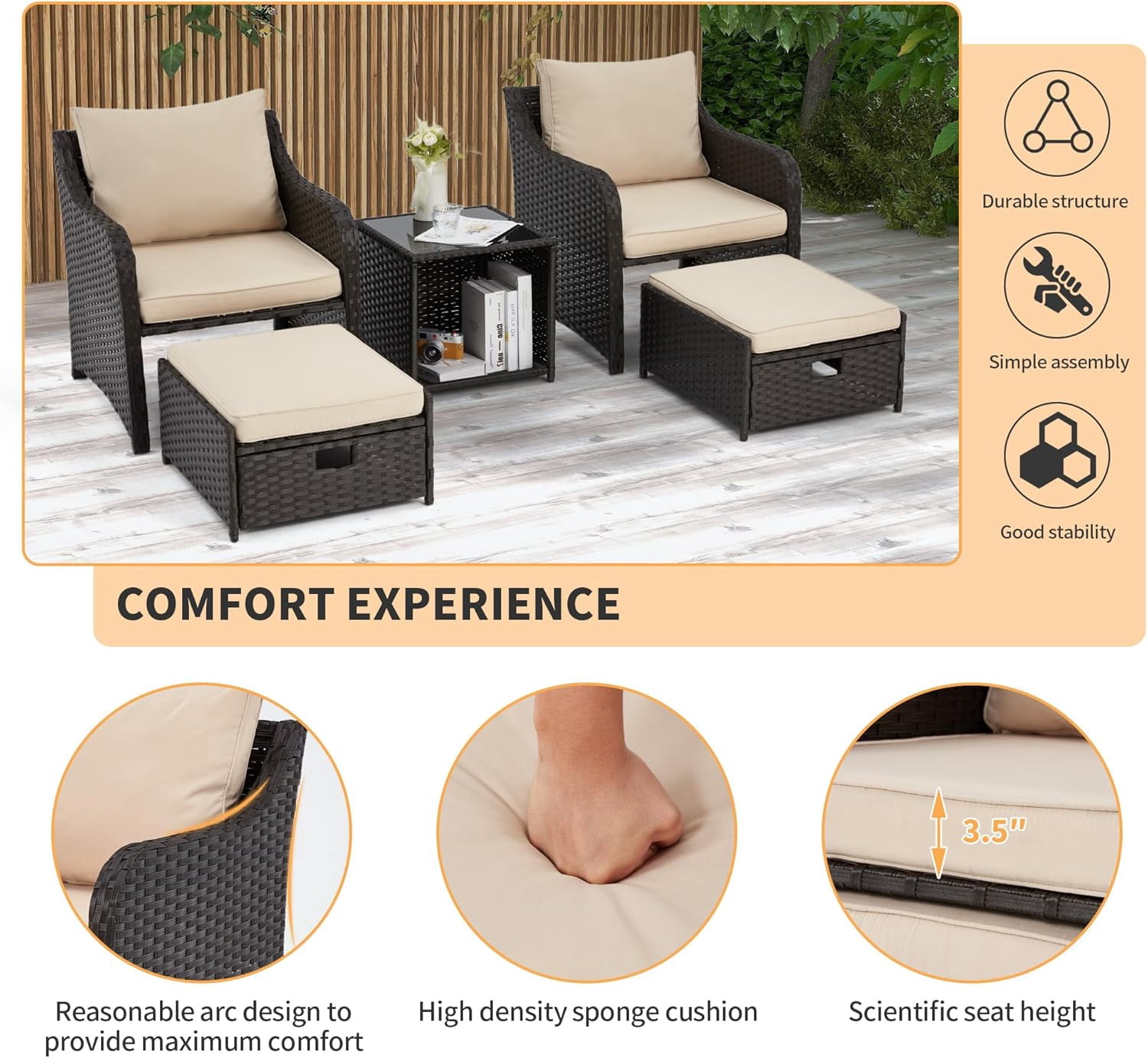 HOMREST 5 Piece Balcony Furniture, All Weather PE Wicker Rattan Patio Furniture Set, Cushioned Patio Chairs Set of 2 w/Ottoman&Table, Outdoor Lounge Chair for Lawn Pool Balcony, Khaki