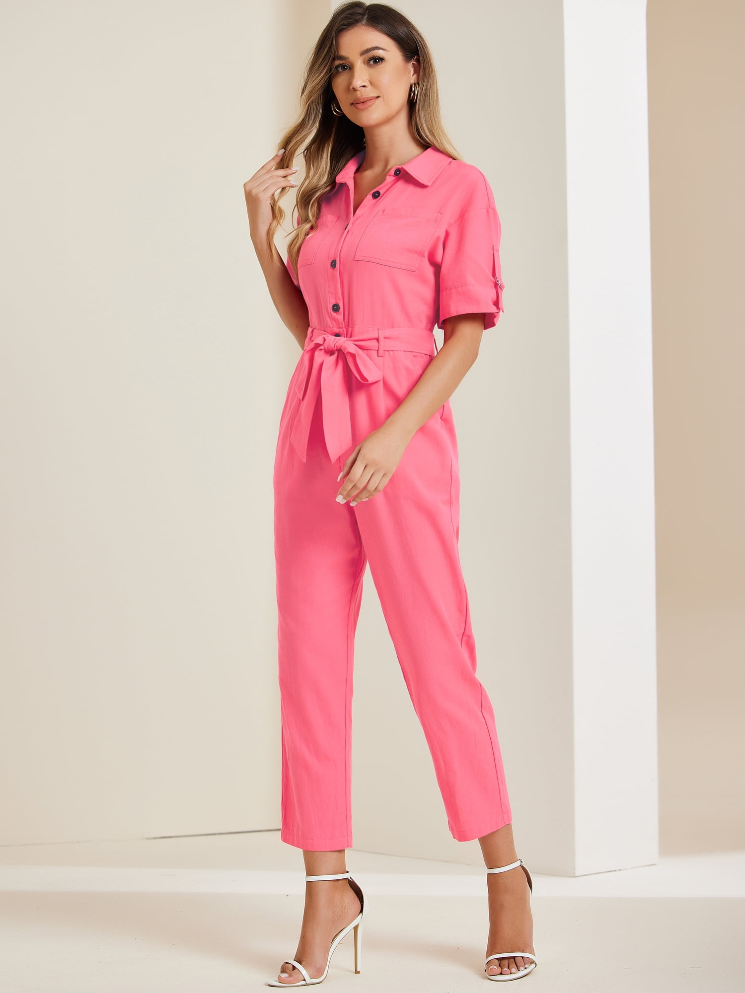 DARING DIVA Women's Button Up Tie Waist Jumpsuit with Pockets XS Watermelon Red