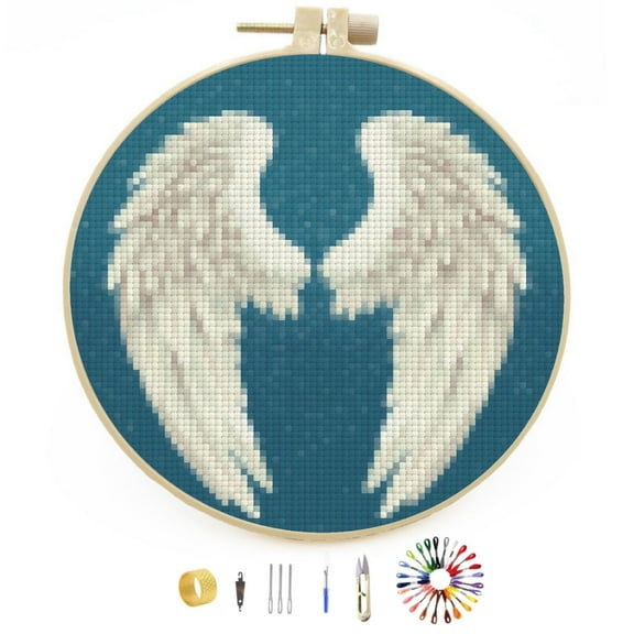 A Pair of Angel White Wing Stamped Cross Stitch Kits for Beginners with Hoop Simple Patterns 11CT Counted Embroidery Needlepoint Crafts Arts for DIY Enthusiasts and Home Decor 26x26cm