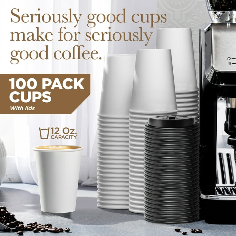 Disposable Coffee Cups with Lids 12 oz (100 Pack) - To Go Coffee Cups for Hot & Cold Drinks, Tea, Hot Chocolate, Water - Poly-Coated for No