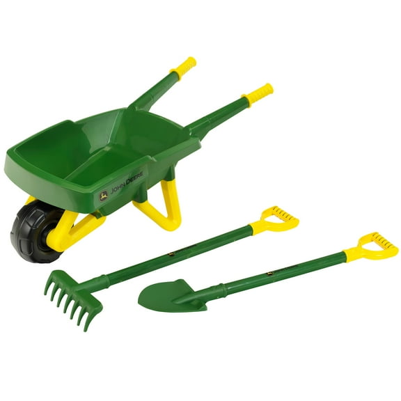 John Deere: Wheelbarrow Set - Green & Yellow - 3pc, Pretend Play Gardening & Yard Work Toy, Shovel & Rake, Indoor-Outdoor, Licensed, Kids Ages 3 