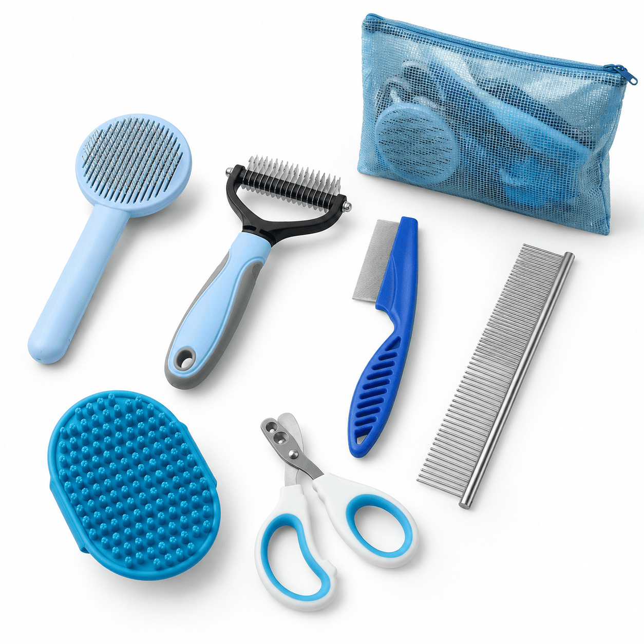 Blue 6-Piece Cat Brush Kit For Long And Short Hair Deshedding Dematting
