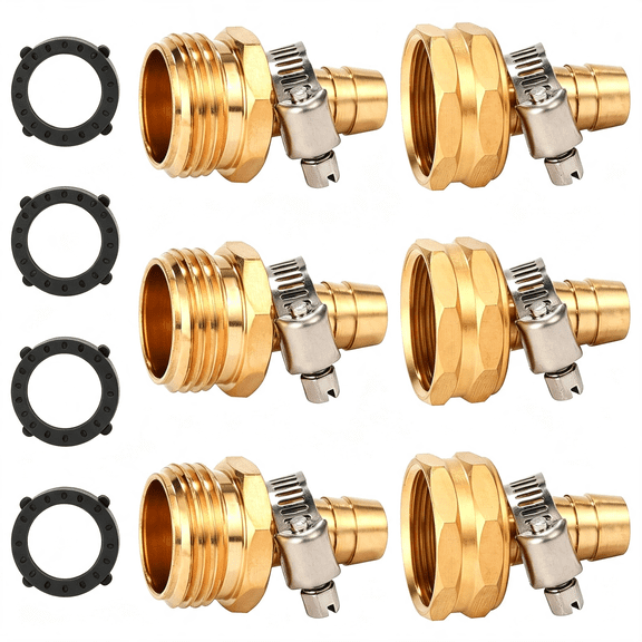 ZHZFKQ Brass Garden Hose Connector Repair Mender Kit with Stainless Clamp,Fits 1/2" Water Hose Fitting,3 Sets 1/2" Barbx3/4" Ght 3 Set,1/2" Barbx3/4" Ght,With Stainless Clamp