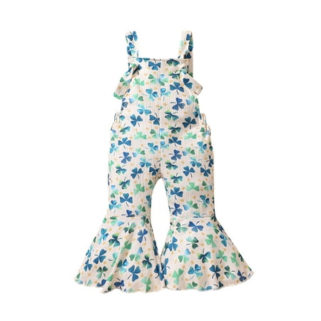 

jaweiwi Kid Baby Girl Romper Sleeveless Four Leaf Clover Print Casual Spring Summer Bell-Bottomed Pants 6 12 18 24 Month 3 4 Years