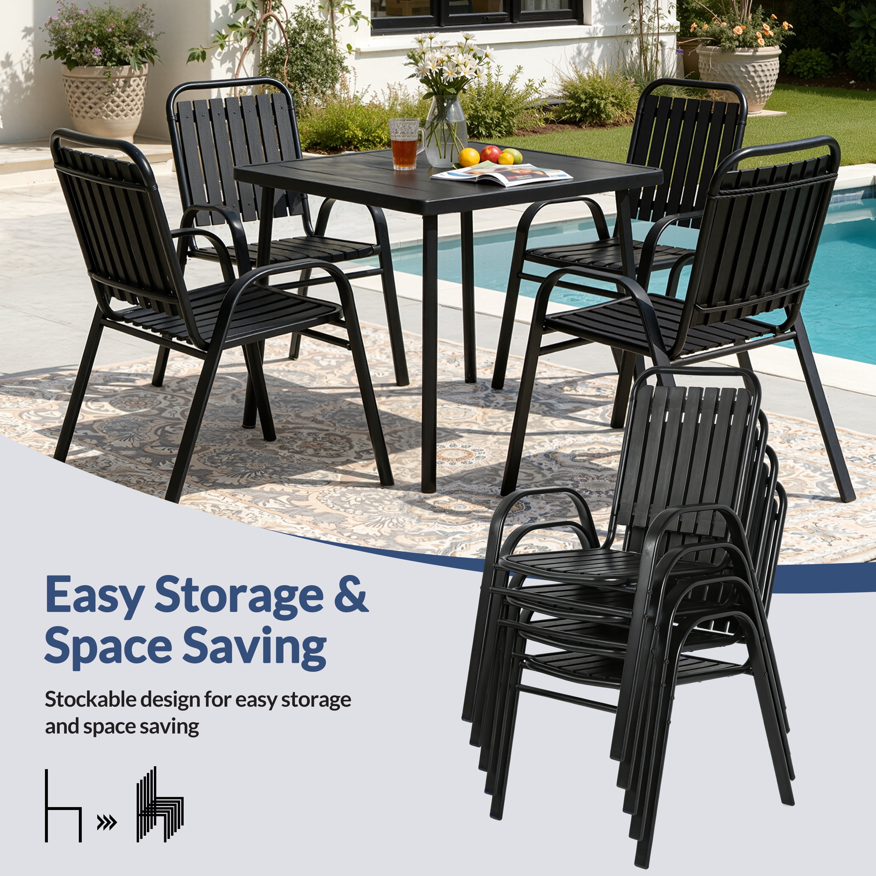 5 Piece Outdoor Dining Set, Patio Furniture Set with 4 Armrest Chairs and Steel Slat Table, All-Weather Conversation Set for Patio, Backyard, Deck, Poolside - Black