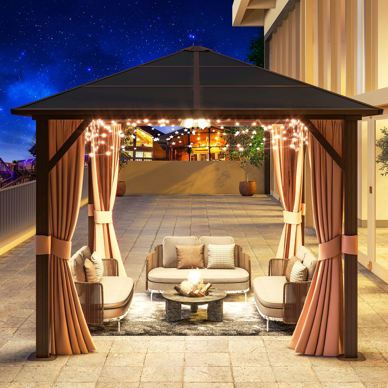 Sunmthink 10x10 ft. Hardtop Gazebo, Aluminum Frame and Polycarbonate Permanent Pavilion for Garden, Patio, Backyards, Brown