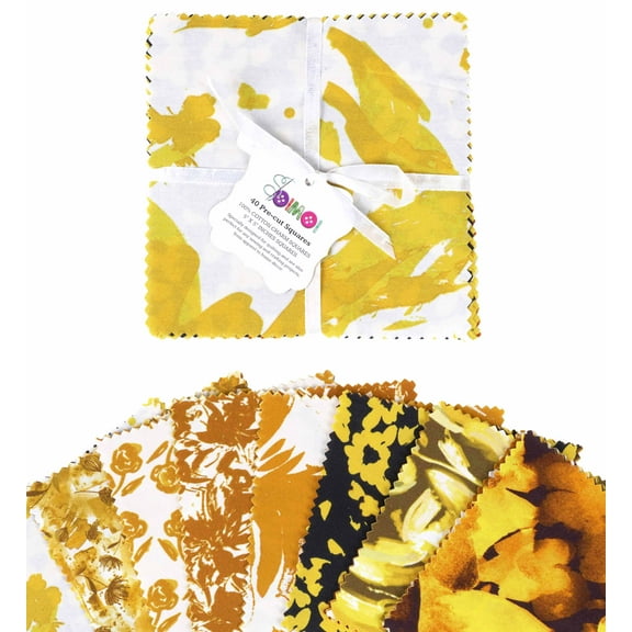 Soimoi Florals PrintPrecut 5-inch CottonFabricQuiltingSquaresCharm Pack DIY Patchwork Sewing Craft- Yellow