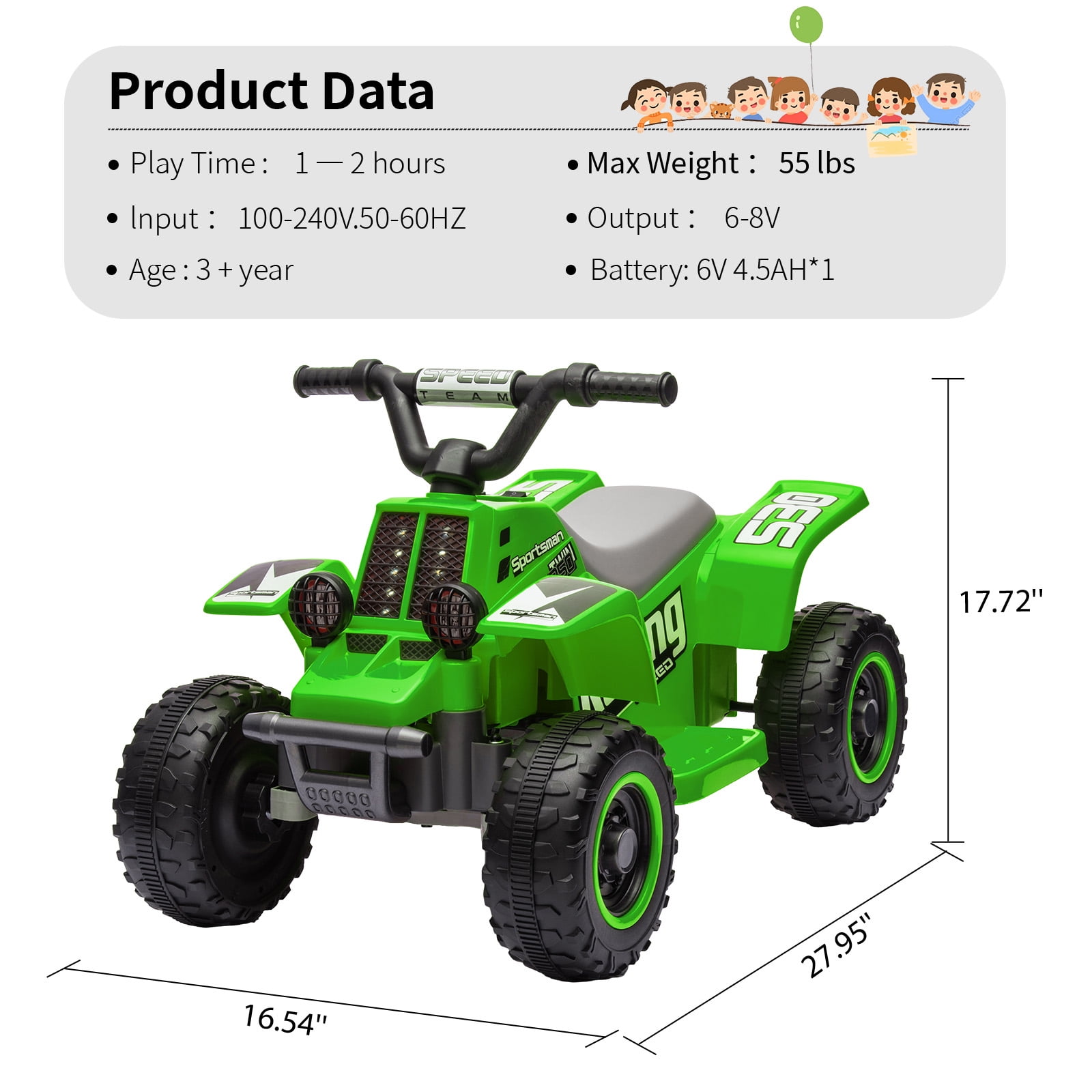 Accreate Kids Ride On ATV, 6V Ride On Car with Led Headlights, Music, Treaded Tires, Rubber Handles, Push-Button Accelerator, forward & Reverse