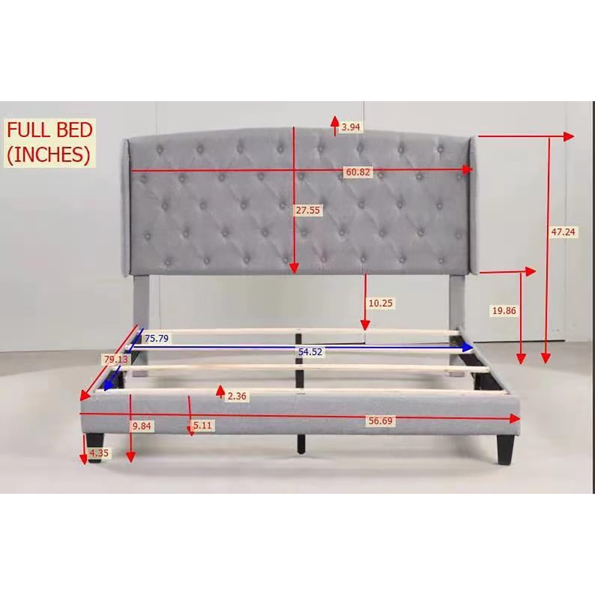 Private Jungle Upholstered Platform Bed Frame, Full Platform Bed with Upholstered Button Headboard, Gray