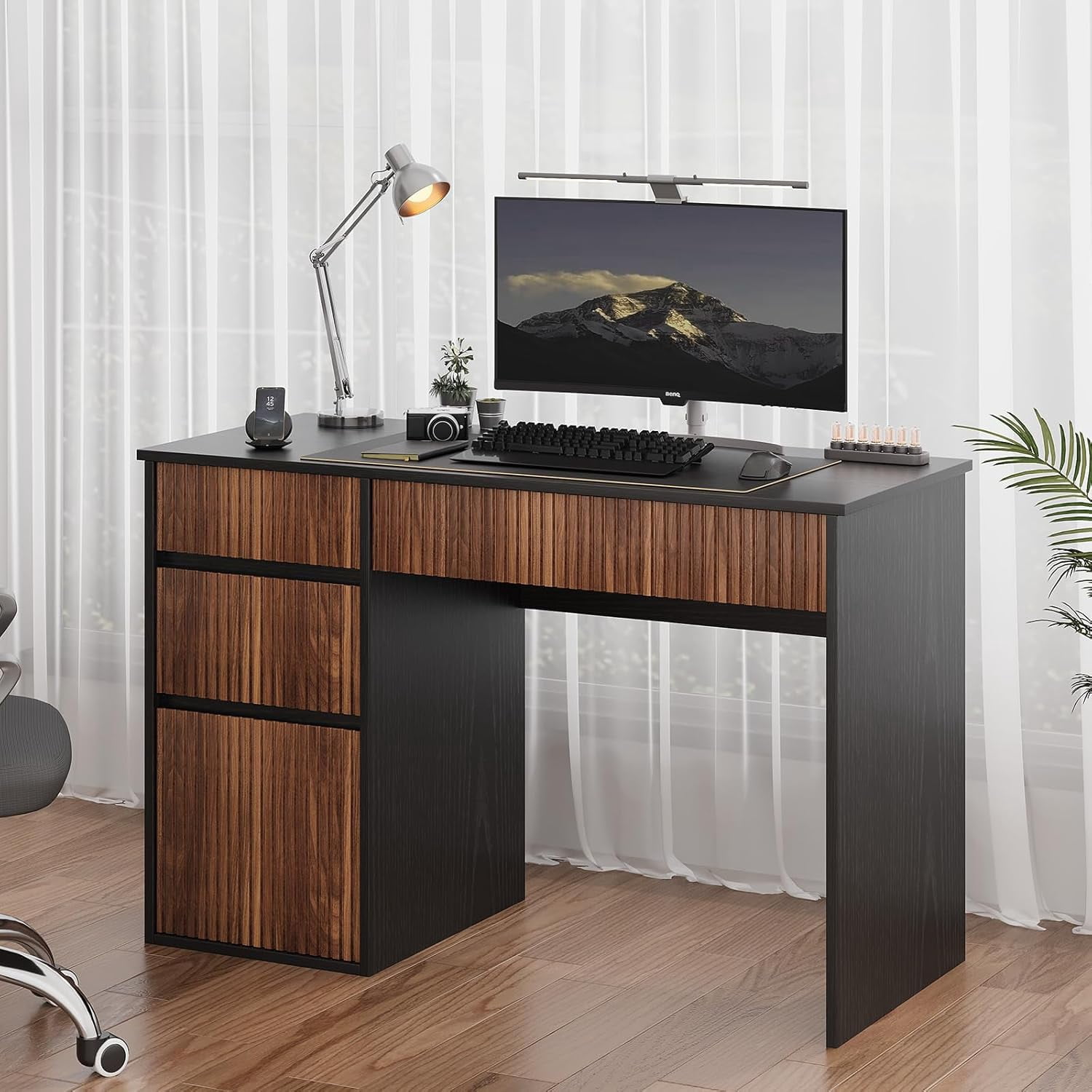 DreamCurship 48 inch Computer Desk with 4 Storage Drawers, Home Office Desks with Hidden Handle, Wooden Desk for Small Spaces, Black