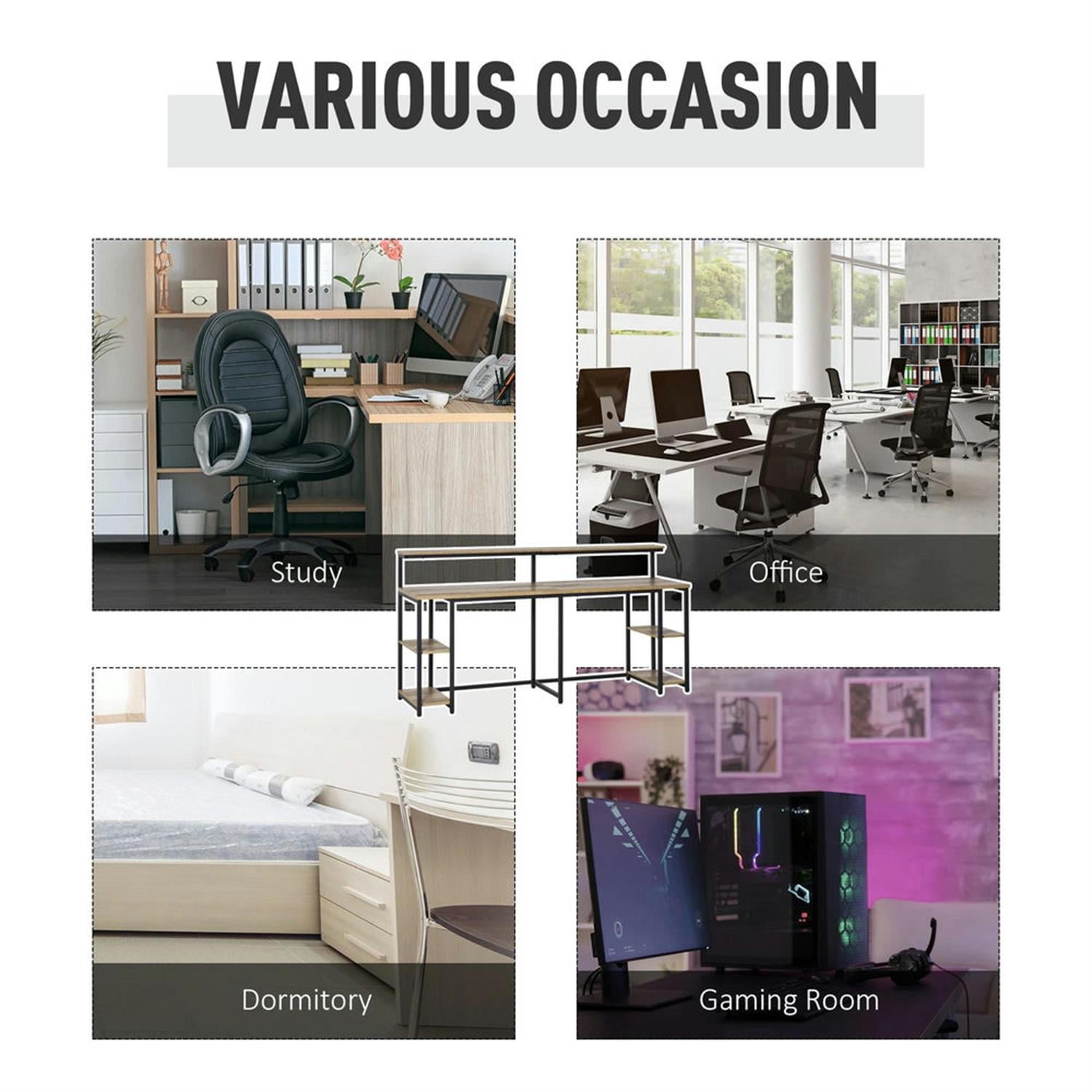 Demi Bonn Modern 2 Person Office Desk with Elevated Monitor Rack, CPU Stand, Home Computer Desk for Living Room, Office, Study, Writing Table PC Desks, Brown