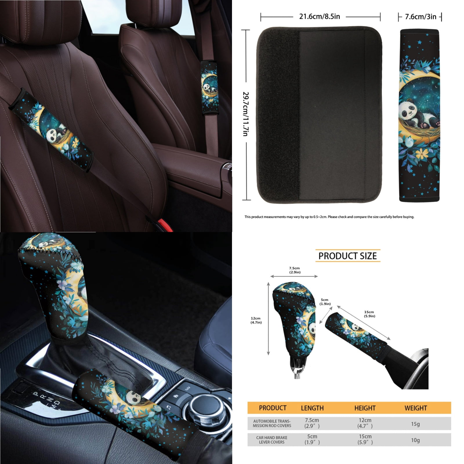 Jeiento Cute Panda Auto Accessories Set Car Seat Covers Steering Wheel Cover Seatbelt Pad Trash Can Moon Rear View Mirror Protector Handbrake Cover Set Car Armrest Cover Coasters for SUV Sedan Van