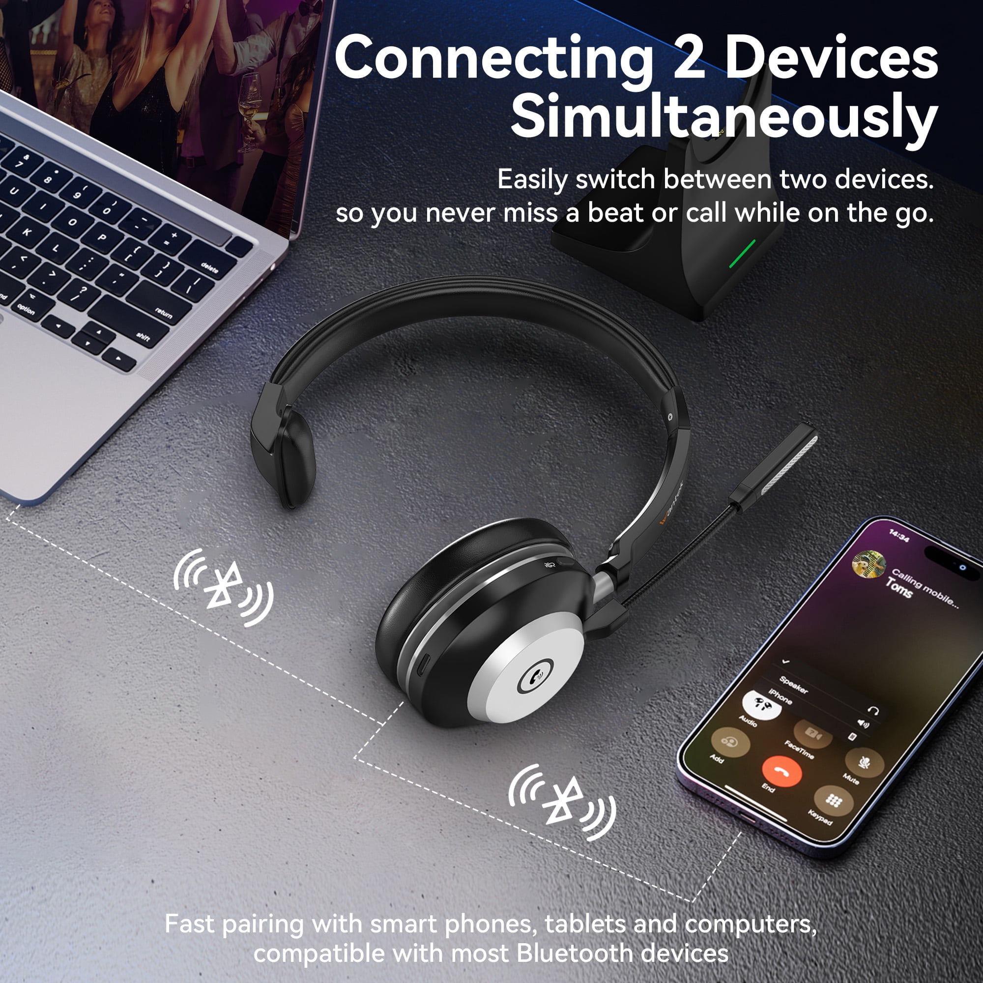 Wantek Bluetooth Headset with Microphone for PC, USB Dongle, Charging Base and Accessories,Mute Button for Work/Cell Phones/Computer/Call Center/Zoom