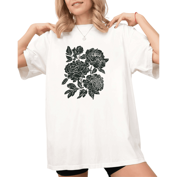 White Botanical Peony Print Tshirt s Shirts Boho Flower Lover Gift S-5XL Graphic Tee Tops