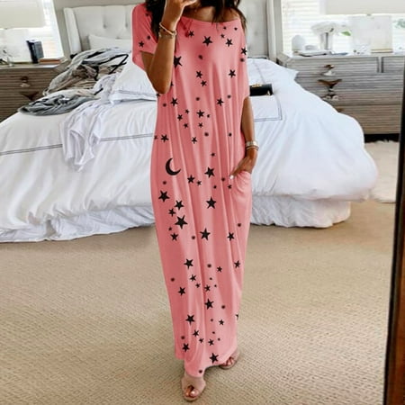 GZWYHT Nightgowns for Women Clearance Women S Sleepwear Women Casual Short Sleeve Star Moon Print One Shoulder Pockets Loose Long Dress Women S Nightgowns & Sleepshirts Babydoll Lingerie  Red 5XL