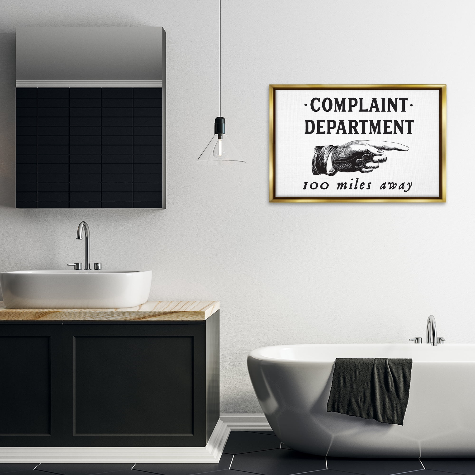 Stupell Industries Complaint Department Pointing Typography Painting Gold Floater Framed Canvas Art Print Wall Art, 31 x 21