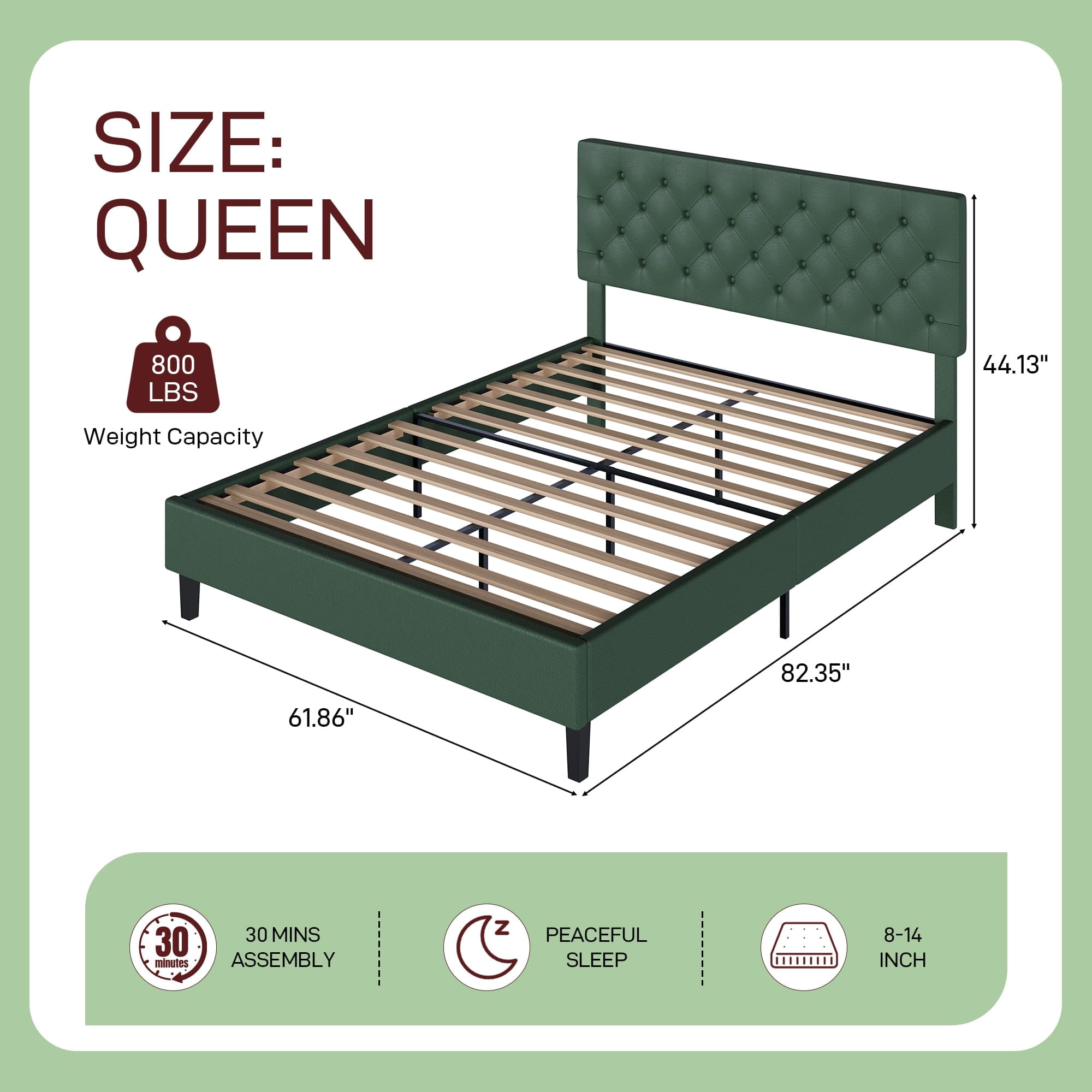 4 EVER WINNER Queen Size Bed Frame with Button Tufted Headboard, Upholstered Platform Bedframe with Wood Slat Support, Box Spring Needed, Noise Free, Easy Assembly, Faux Leather & Green