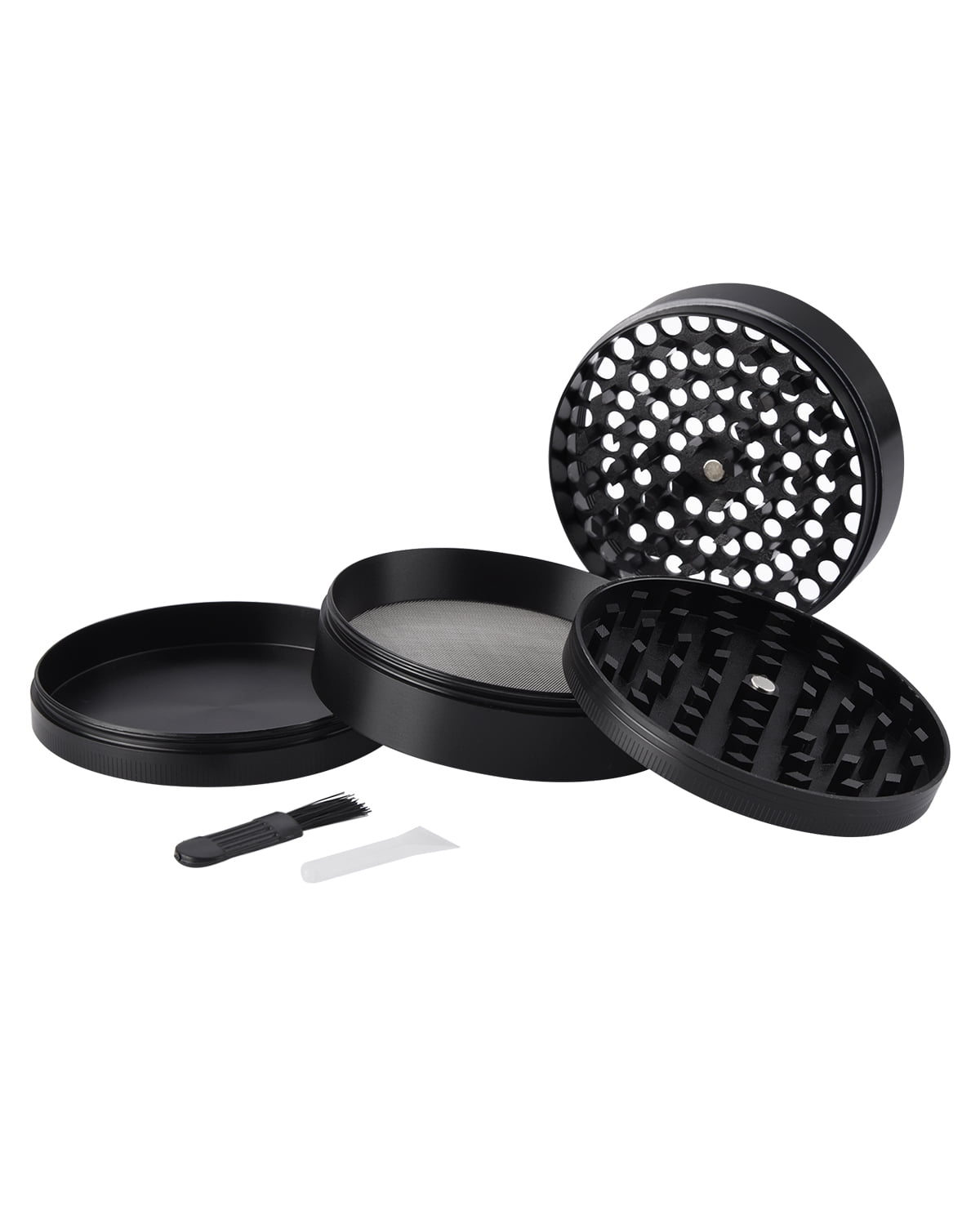3 Inch Herb Grinder Large Black 4 Pieces Zinc Alloy Grinders with Mesh Screen Bonus Scraper and Cleaning Brush 