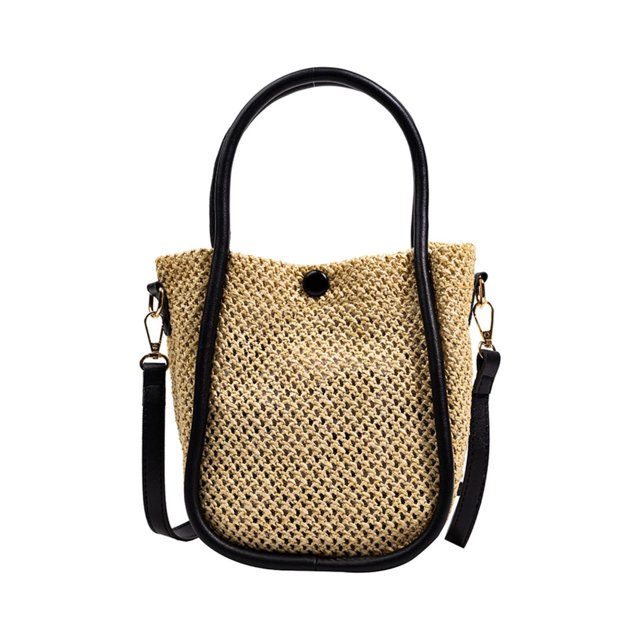 Bolso Mano Paja Hueca Bandolera Hombro Cuero Playa Tejida (negro)