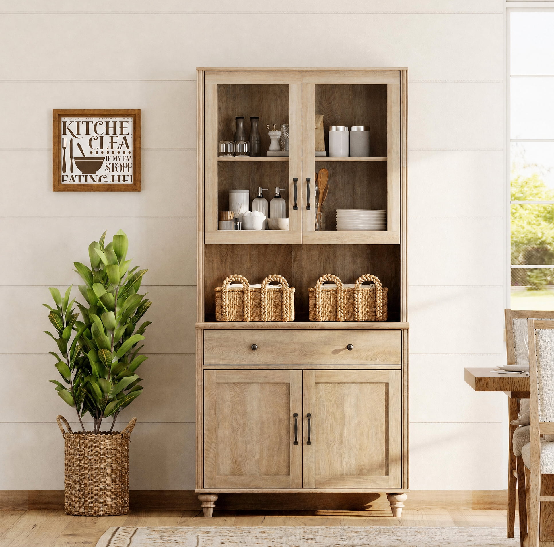 Sideboard Buffet Cabinet with Storage, Large Bookcase, Bookshelf with Storage Cabinet, Farmhouse Library Wooden Bookshelves for Living Room, Office, Study Room, Kitchen, Oak, 72" H