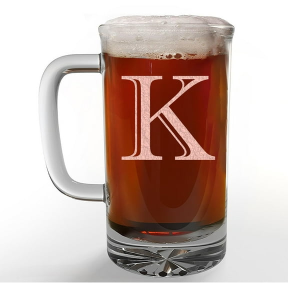Etched Monogram 16oz Glass Beer Mug (Letter K), A-Z Customized Beer Gifts for Men, Personalized Beer Glasses, Custom Engraved Birthday Gifts for Him, Initial, Name, Husband Dad, Regalos Personalizados