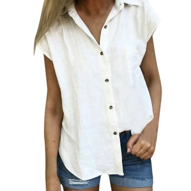 Women Fashion Casual Solid Short Sleeve Botton Cotton Blouses - Walmart.com