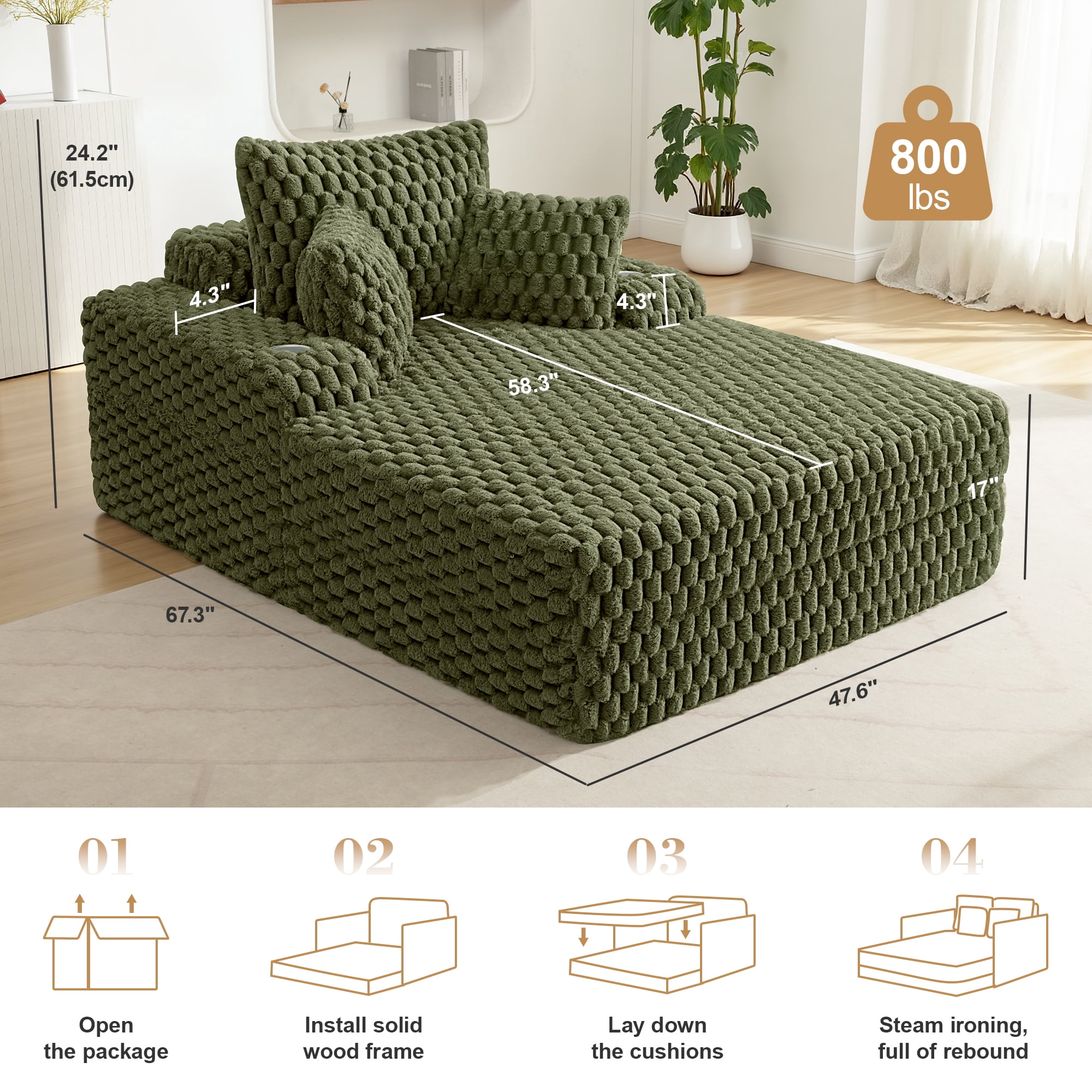 COOLHUT 46.7" W Oversized Floor Chaise Lounge Chair Sofa with Cup Holders, Cloud Plush Floor Sofa Bed Upholstered Deep Seat Sleeper Reading Chair Couch for Living Room, No Assembly, Olive Green