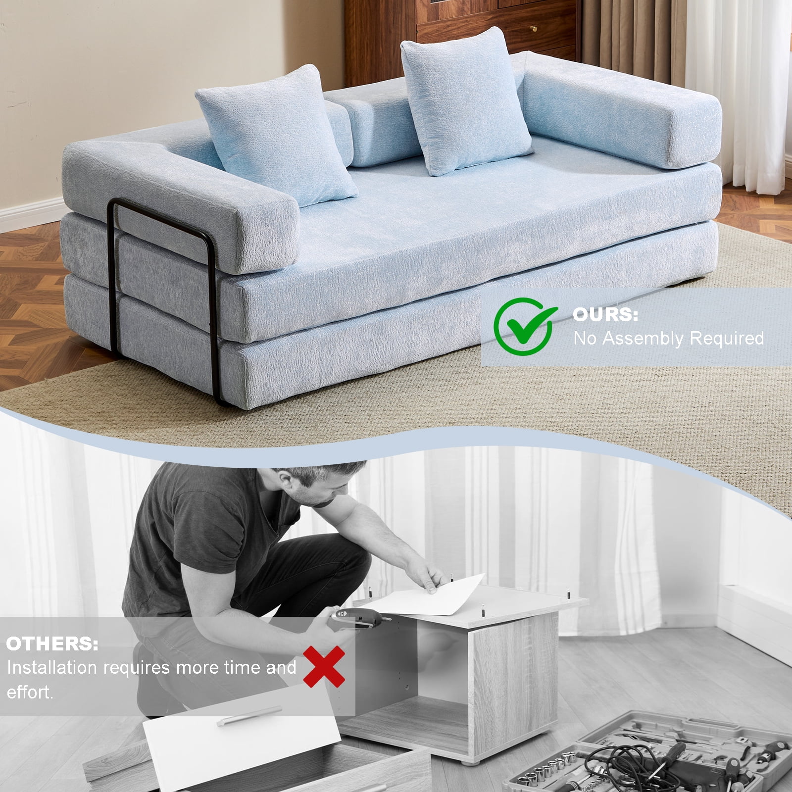 Miniyam 4 in 1 Convertible Floor Sofa Bed, Chenille Floor Couch with Armrest, Pillow for Living Room, Sky Blue