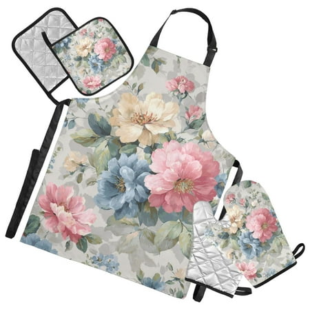 Beautiful Chic Florals with Pastel Colors Apron Set with Oven Mitts Pot Holders Set of 5 Kitchen Stuff Accessories