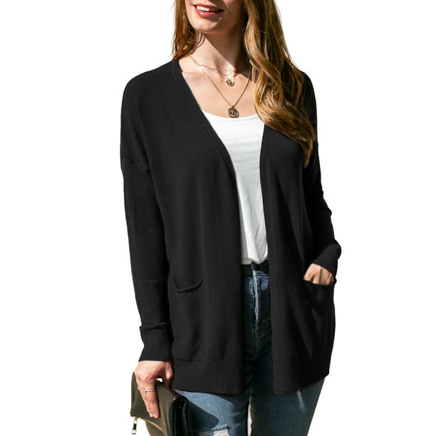Doublju Women's Long Sleeve Pocket Open Front Knit Cardigan Sweater with  Plus Size - Walmart.com
