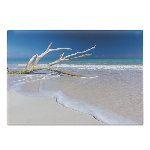 Cacun Cutting Board, Gentle Waves Hitting the Coastline with an Algae Covered Tree Trunk, Decorative Tempered Glass Cutting and Serving Board, in 3 Sizes, by Ambesonne