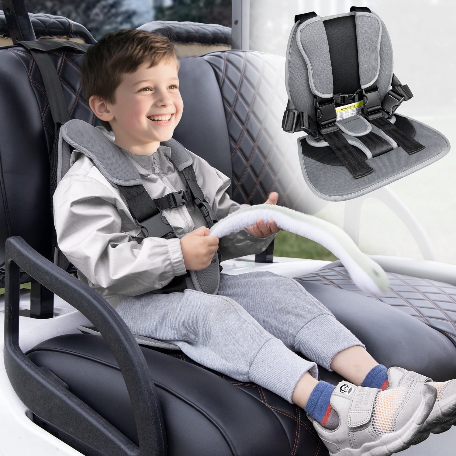 Golf Cart Seat Cushion/Positioner, 5-Point Adjustable Safety Harness, Gray