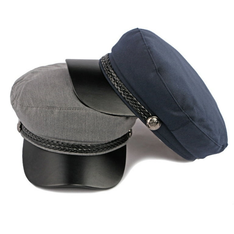 Spring Autumn Women Captain Cap Faux Leather Brim Flat Top Braided