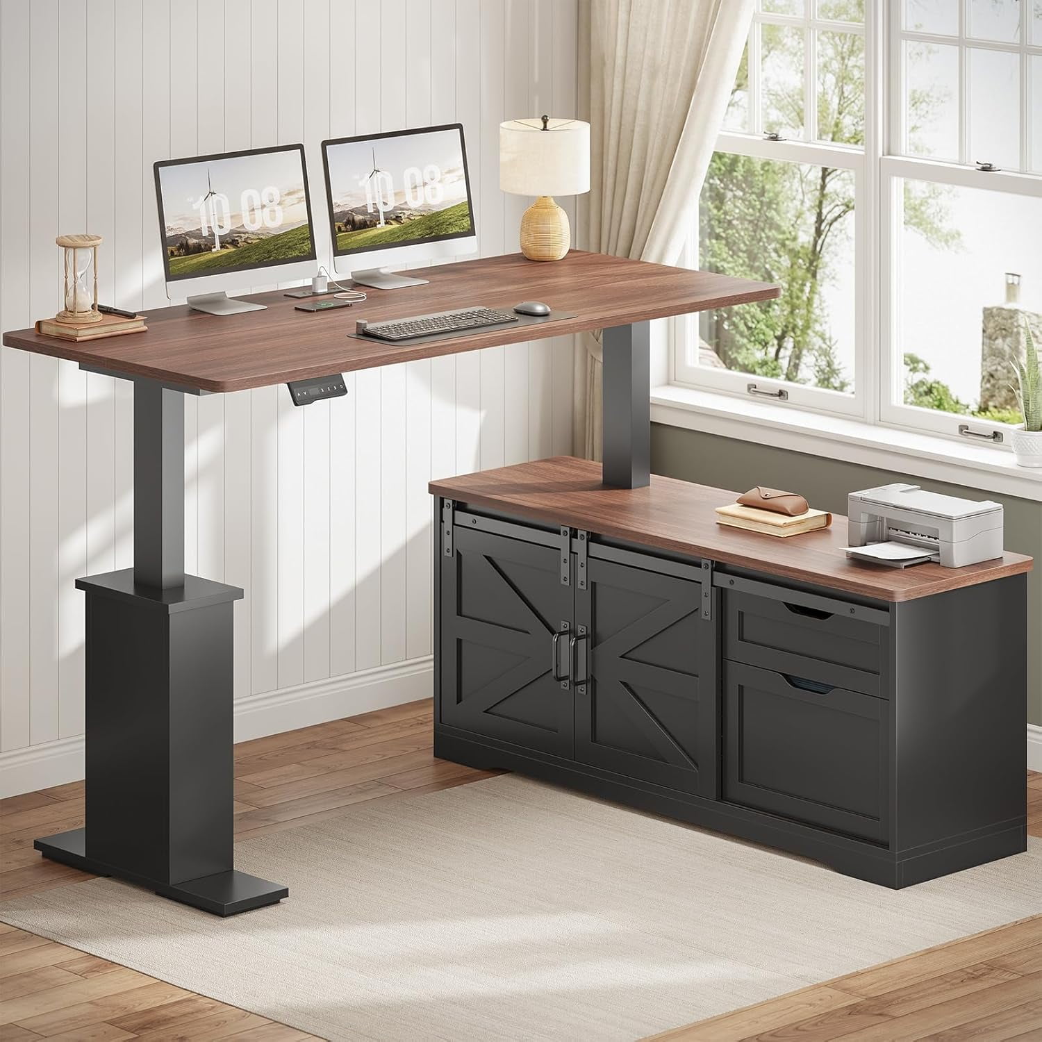 SEDETA Farmhouse Executive Desk, Electric Standing Desk, 28.7-46.8 Inch High Freely Adjustable Lift Desk, L Shaped Desk with Storage & Power Outlets, Office Desk with Drawers & Sliding Doors, Black
