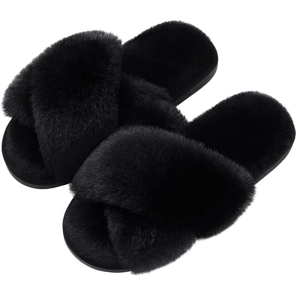 Women's Fuzzy Slippers Cross Band Memory Foam House Slippers Open Toe
