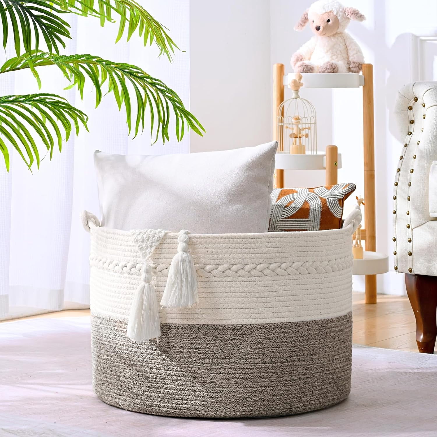 67L Large Blanket Basket, 20"x13" Woven Storage Baskets With Handle, Cotton Rope Blanket Basket Living Room, Baby Laundry hamper for Blanket, Nursery, Toy, Pillow (White & Grey)