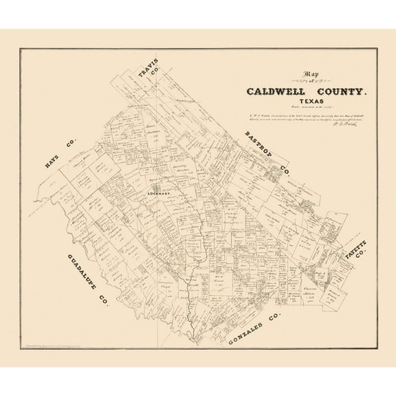 Historic County Map - Caldwell County Texas - Walsh 1879 - Vintage Wall Art