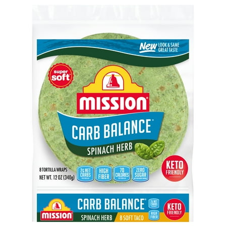 Mission Carb Balance Spinach & Herb Flour Tortillas, Soft Taco Size, 8 Count
