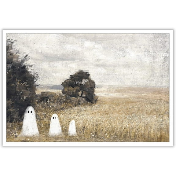 Aaheei Cute Ghost In Haunted Forest Canvas Wall Art Funny Spooky Poster Vintage Halloween Prints Painting Dark Academia Pictures Wall Decor