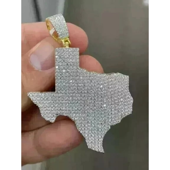 Aishvi Jewels 2Ct Real Moissanite Men Texas Map Pendant 14K Two Tone Gold Plated Silver 18'' Free Chain