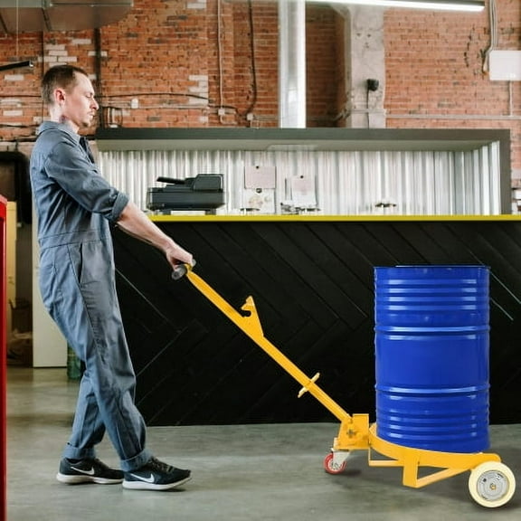 55 Gallon Drum Dolly Steel, Low Profile 1200lbs Capacity with 2 Fixed PU Wheels & 1 Swivel Wheel, Oil Barrel Roller Hand Cart for Moving Fuel/Waste Drums, Yellow